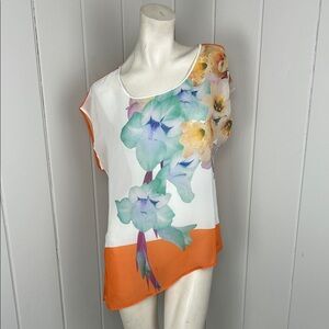 Clover Canyon Multicolor Floral Blouse sheer small asymmetrical  shirt top boho